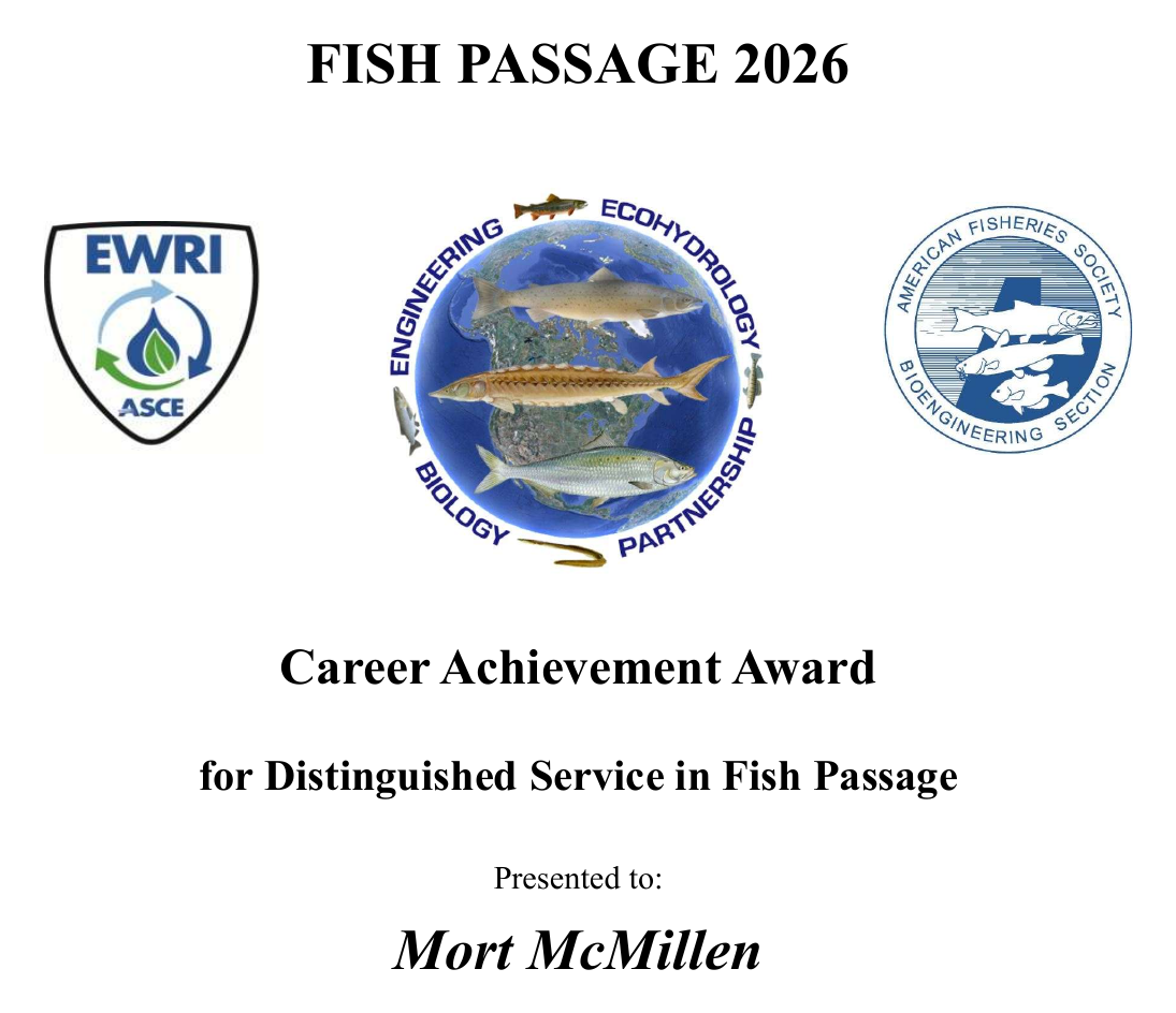 Fish Passage 2026 Career Achievement Award plaque for Mort McMillen