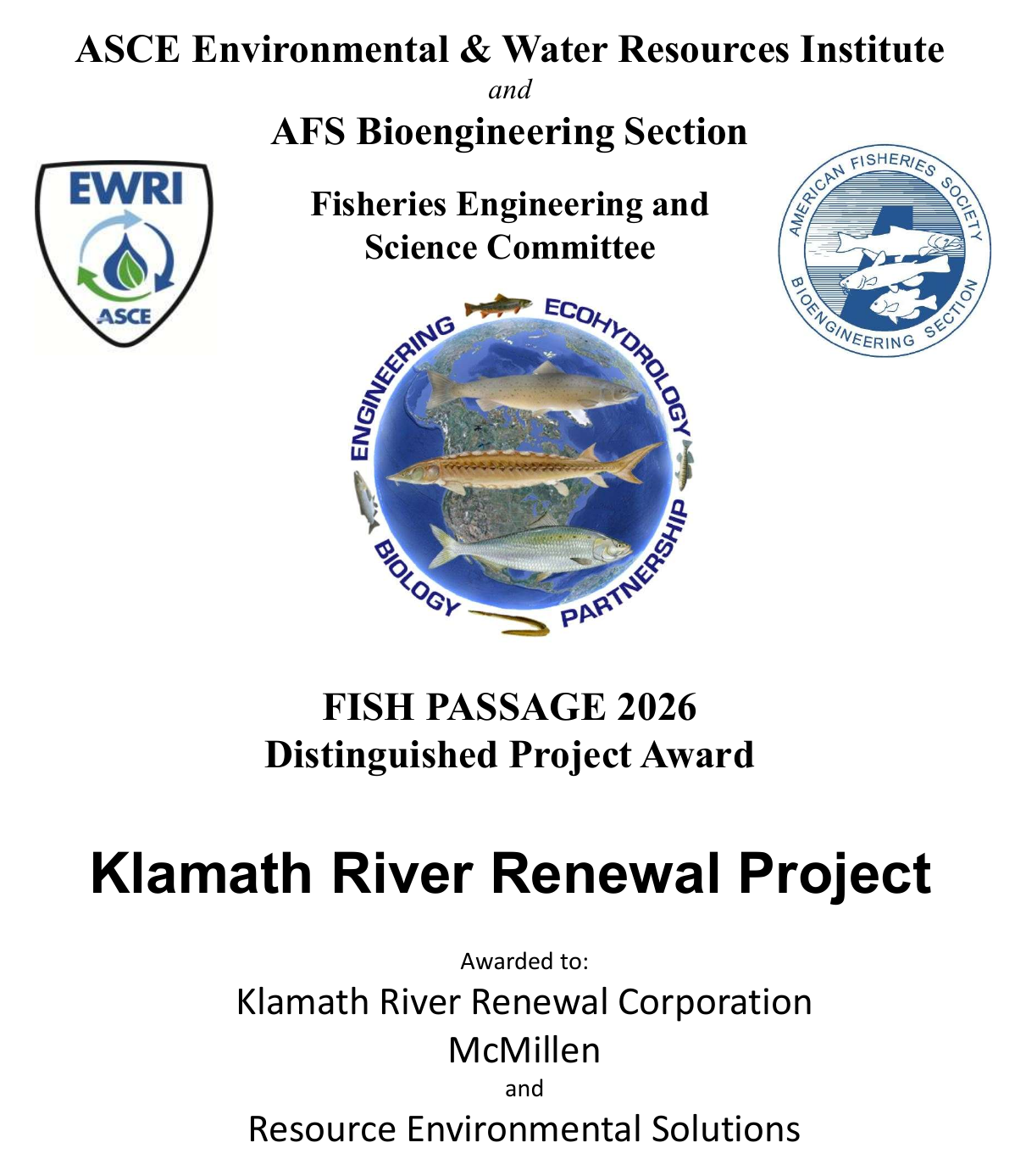 Fish Passage 2026 Distinguished Project Award plaque for the Klamath River Renewal Project